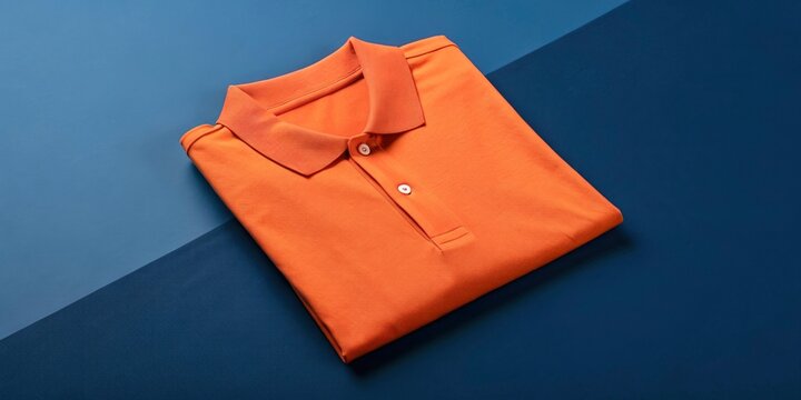 A bright orange polo shirt is neatly folded and placed on a dark blue background. The shirt features a classic collar and buttons. This shirt can be used for casual outings or sports activities
