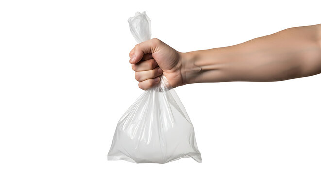 Hand holding a white plastic bag isolated on transparent background transparent background