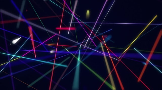 Multi colored laser light show with colorful glowing laser beams. Music or stage performance looping background animation.