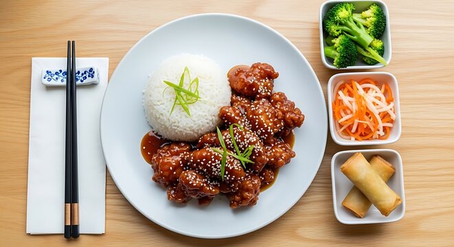 Asian-inspired meal featuring grilled meat and assorted side dishes. general tso chicken