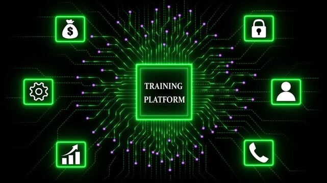 Training Platform Technology Network concept with Data Security and Automation. Business, Technology, Internet and network concept. Abstract glowing green circuit board background. 4k video