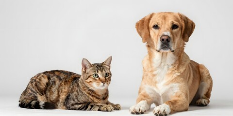 Fototapeta premium Portrait of a tabby cat lying down next to a golden dog looking at the camera
