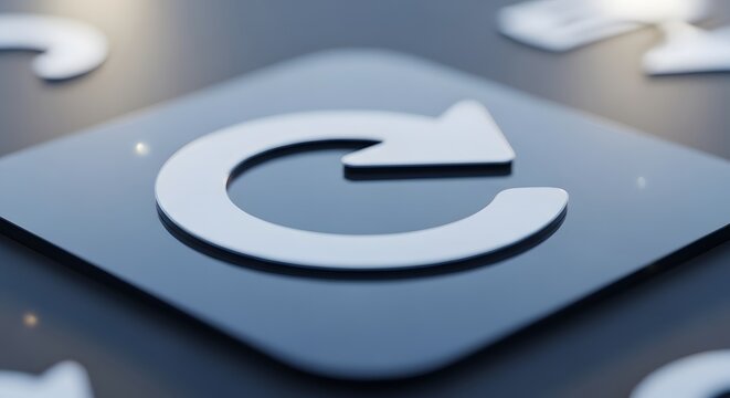 A closeup of a shiny gray square button with a white refresh arrow