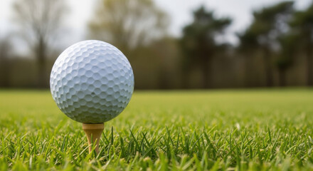 Obraz premium A closeup of a white golf ball on a tee and the green grass of a summer fairway captures the essence of a professional golf course competition and outdoor leisure sport