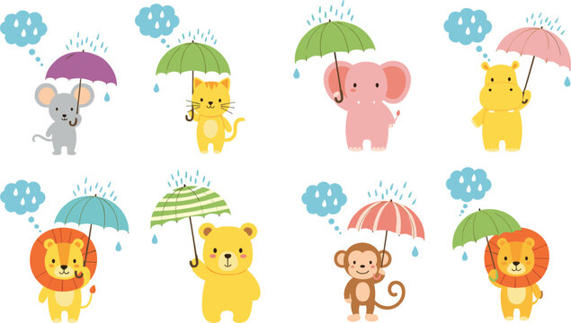 Cute Animal Umbrella Collection Vector Illustration Featuring Lion Bear Monkey Elephant Cat and Mouse in Rainy Weather Kids Design Set