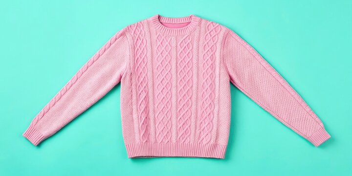 A pink sweater is laid flat on a turquoise background. The sweater features a knit pattern with cables. It is designed for casual wear and comfort. Perfect choice for cool weather