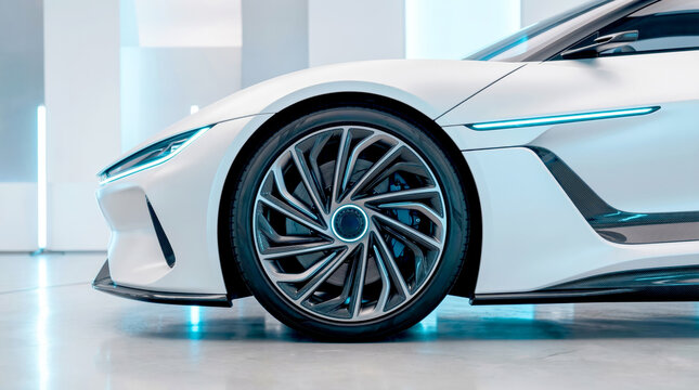 Futuristic White Concept Supercar Close-up with Glowing Blue Lights and Innovative Wheel Design in Studio