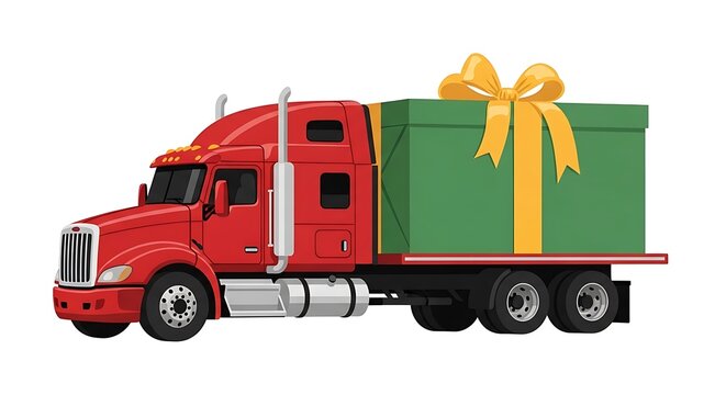 Red semi-truck transports a giant gift box with yellow bow, side view, white background