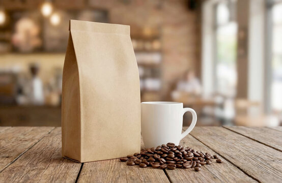 Kraft Paper Coffee Bag Mockup with White Mug and Roasted Beans on Rustic Wooden Table in Blurred Cafe Shop