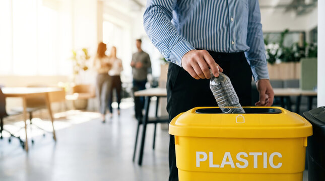 Man putting plastic bottle into yellow recycling bin in office