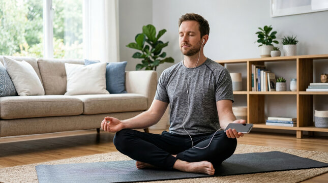 Man meditating in lotus position on yoga mat at home holding smartphone and wearing earphones