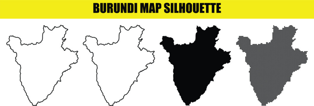 Burundi map silhouette collection including outline solid black and dotted shapes on transparent grid background.