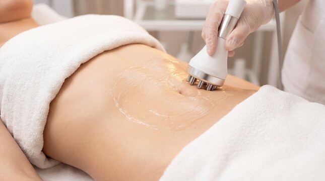 Radiofrequency skin tightening treatment on female abdomen for body contouring and fat reduction session at a professional medical aesthetic spa beauty clinic center
