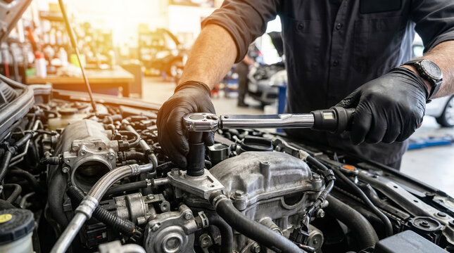 Mechanic repairing car engine with torque wrench in auto repair shop garage