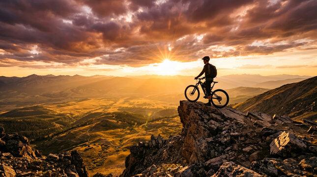 Mountain Biker Standing on Rocky Cliff Edge at Sunset Overlooking Epic Valley Landscape and Adventure Peaks