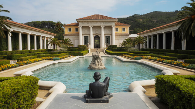A large building with a pool and statues in front of it