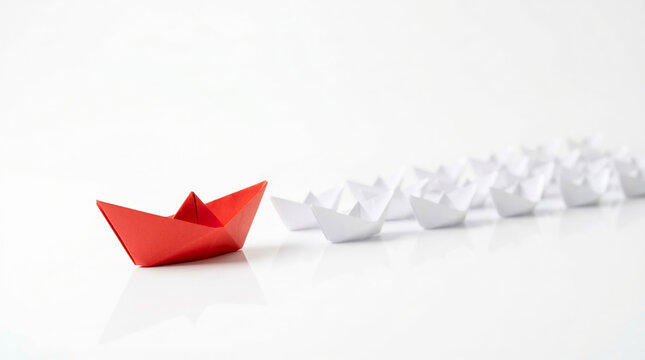 Red paper boat leads white fleet on clean background showing leadership team management corporate strategy aim