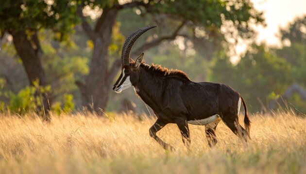 Sable antelope running swiftly through tall, golden grass field, trees in the background