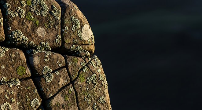 Close up of weathered rock formation with lichen and moss in natural sunlight with dark blurred background