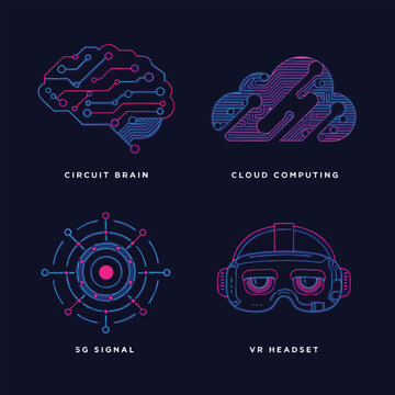 Cyberpunk Tech Icon Set with Circuit Brain VR Headset and 5G Signal Adobe Illustrator Artwork.