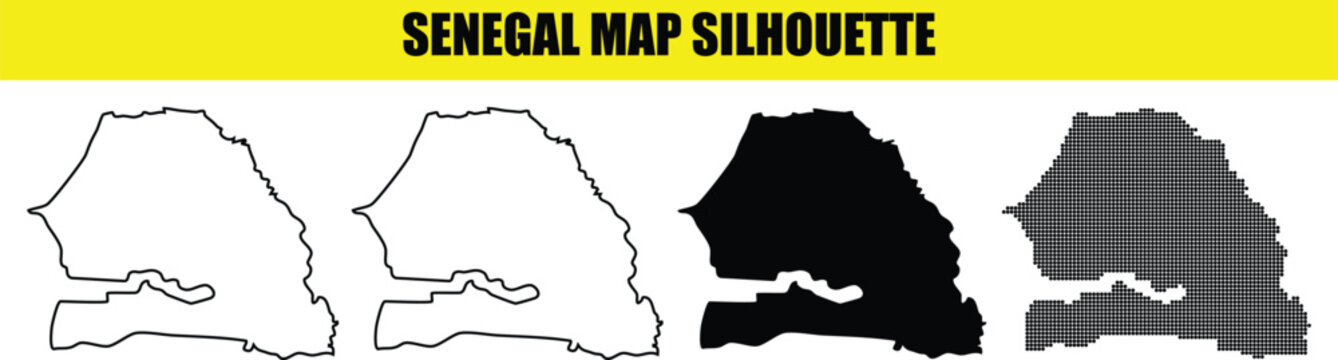 Senegal map silhouette graphics package showing outline filled and dotted versions on transparent grid square.