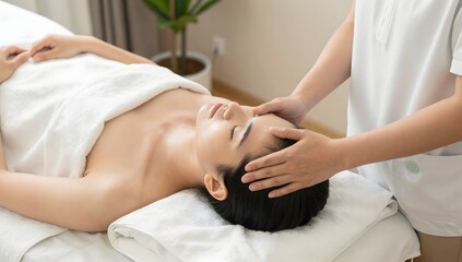 Fototapeta premium Young woman receiving a relaxing head massage at a spa, lying on a comfortable massage table