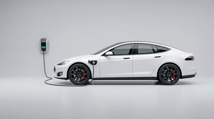 Fototapeta premium White electric car charging at wall station isolated on grey background sustainable transport concept