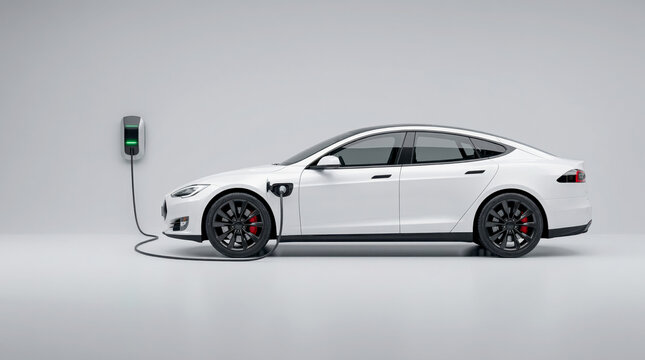 White electric car charging at wall station isolated on grey background sustainable transport concept