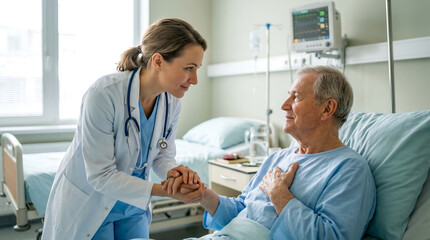 Obraz premium Female doctor comforting elderly male patient in hospital room with bed and medical equipment