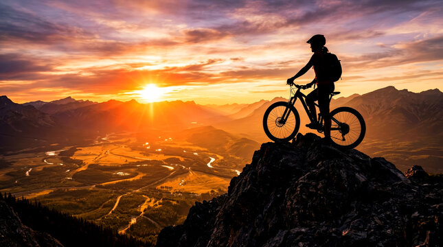 Woman Mountain Biker Silhouette on Rocky Peak at Sunset Over Scenic River Valley with Majestic Mountain View