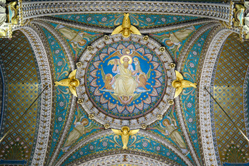 Fototapeta premium Basilica of Fourviere. Dome mosaic depicting God the Father enthroned, surrounded by the four evangelists' symbols. Lyon. France.