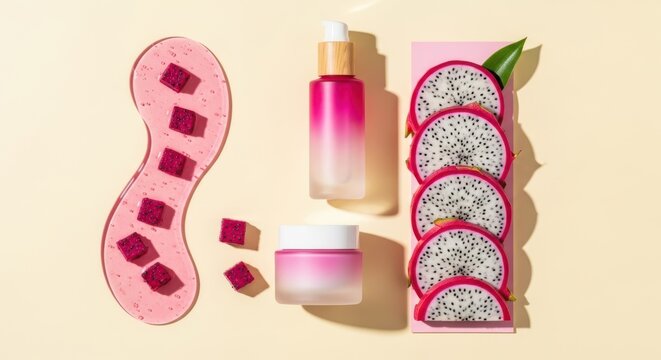 Cosmetic products with dragon fruit extract, skincare serum and cream jar with fresh pitaya slices on a beige background