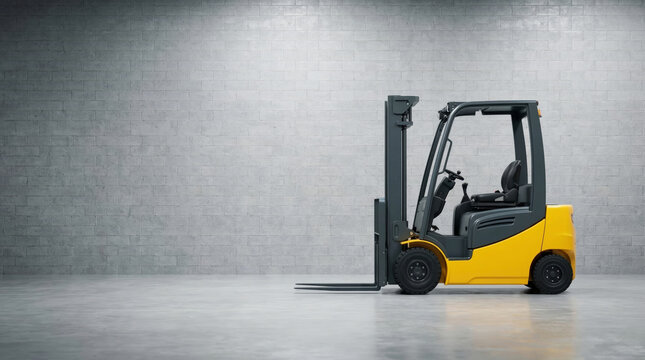 Yellow forklift truck parked in empty warehouse with grey concrete block wall and polished floor
