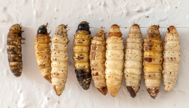 Row of diverse beetle grubs in varying stages/colors against textured white