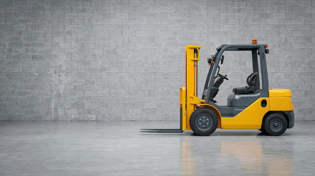 Yellow forklift truck parked in empty warehouse with grey concrete block wall