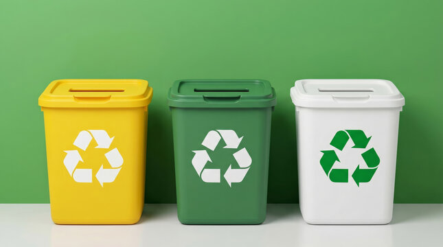 Yellow green and white recycling bins with recycling symbols on green background