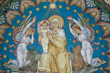 Fototapeta premium Basilica of Fourviere. Mosaics. Nativity. Virgin Mary and infant Jesus. Lyon. France.