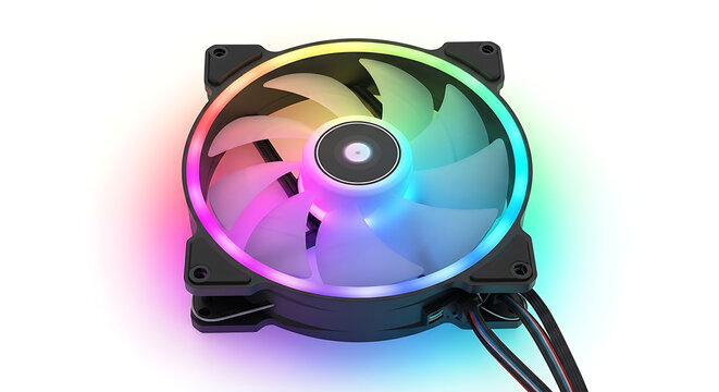 Computer cpu cooling fan with colorful rainbow rgb lighting effect on white background transparent background