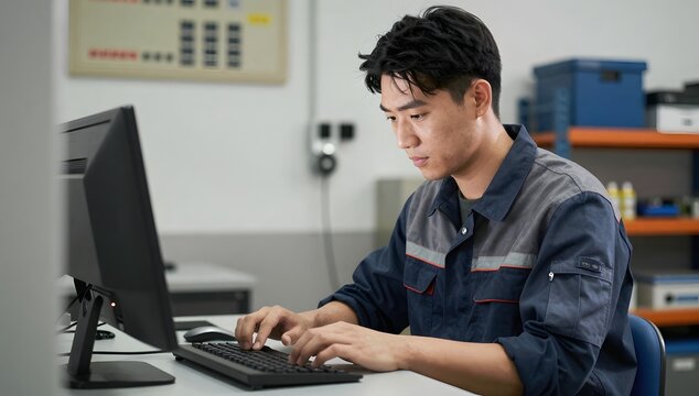 Focused asian technician types on keyboard at his desk in a bright office