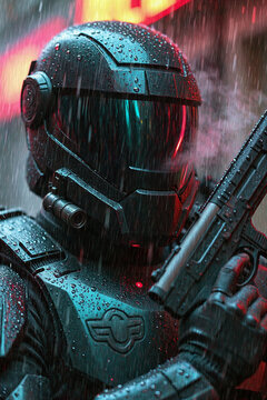 Powerful corporate enforcer striking portrait with a person in sharp black suit standing in heavy rain against a dark, moody background with neon lighting
