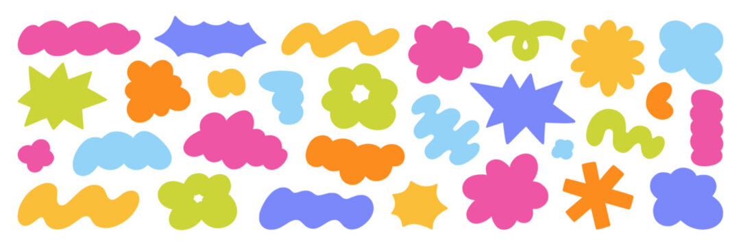 Organic blob shapes doodle set. Retro comic cloud and flower forms, groovy stickers and abstract figures in sketch style. Hand drawn vector illustration isolated on white background