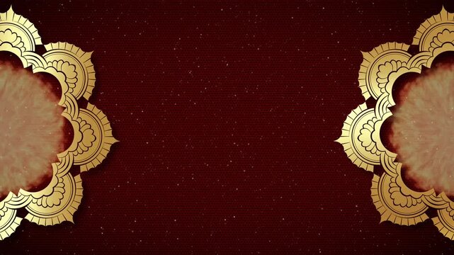 Animation of vintage Luxury mandalas background with old gold frame in arabesque pattern Arabic style. Motion Graphics Video Mandala Rotating on Both Sides. Red Galaxy Background, copy space for text