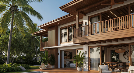 Fototapeta premium Modern tropical house with wooden balcony and palm trees tropical architecture design transparent background
