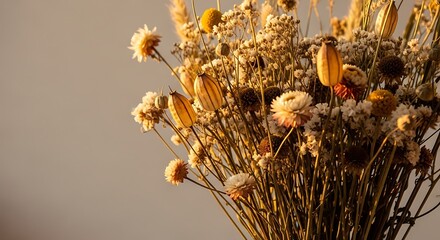 Naklejka premium Golden hour sunlight illuminates a rustic bouquet of dried wildflowers and seed pods creating a warm and natural aesthetic