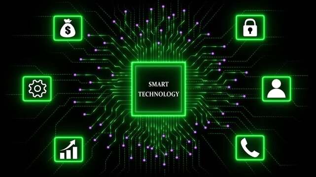 Smart Technology Technology Network concept with Data Security and Automation. Business, Technology, Internet and network concept. Abstract glowing green circuit board background. 4k video