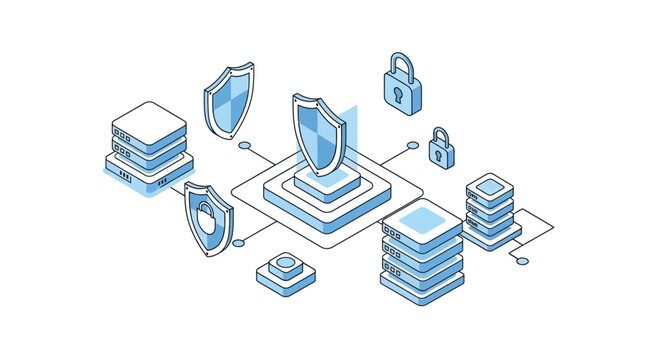 Data Security and Cloud Computing Isometric Illustration with Server Stacks, Protective Shields, and Padlocks for Cybersecurity and Network Protection Concepts