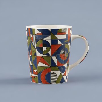 Vibrant geometric pattern ceramic mug with bold abstract designs. canecas