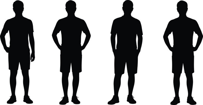 Man standing silhouette set, front view male poses casual outfit isolated vector people illustration