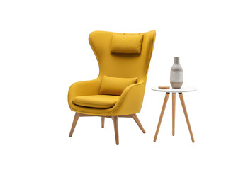 Fototapeta premium A vibrant yellow wingback armchair with a matching headrest and lumbar cushion beside a side table