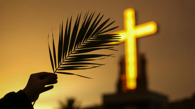 A hand holding a palm branch next to a cross